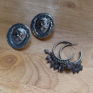 Silver Color Lion Earrings and Intricate Hoop Set